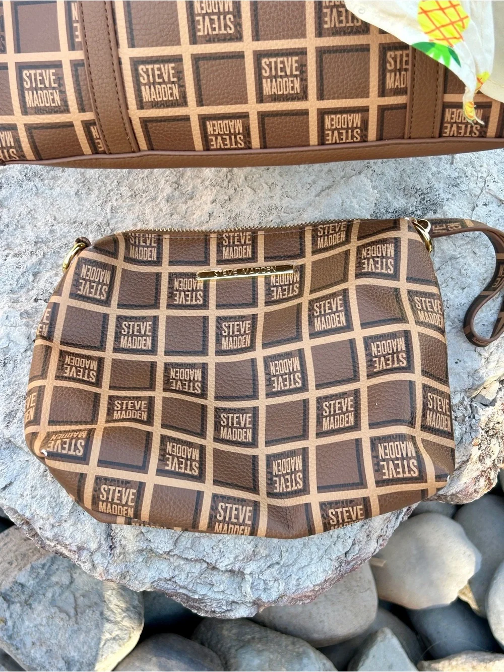 Steve Madden Brown Monogram Tote with Matching Pouch and Pineapple Scarf